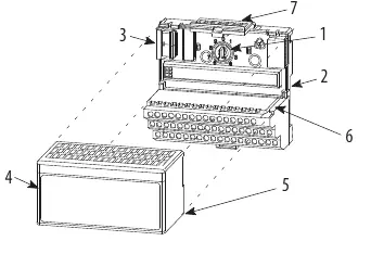 Module installation diagram showing keyswitch, terminal base, and alignment bar.