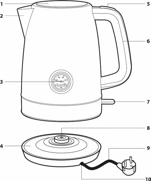 Diagram of the Sencor SWK 1798BK electric kettle and base stand