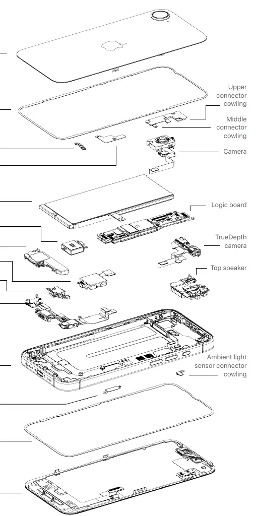 Exploded view of iPhone 17e components