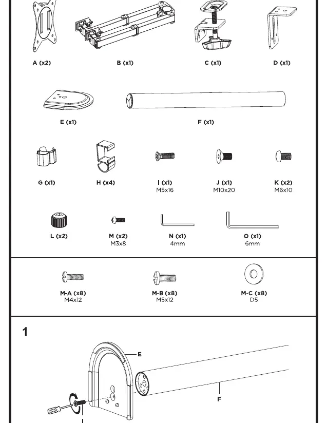 Parts list including arms, base, pole, and hardware.