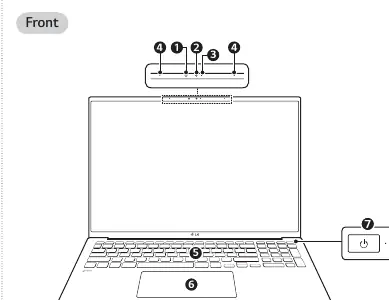 Front view of the laptop showing webcam, keyboard, and power button.