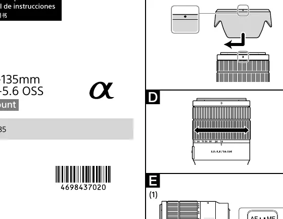 Diagram of lens parts including focus ring, zoom ring, and switches.