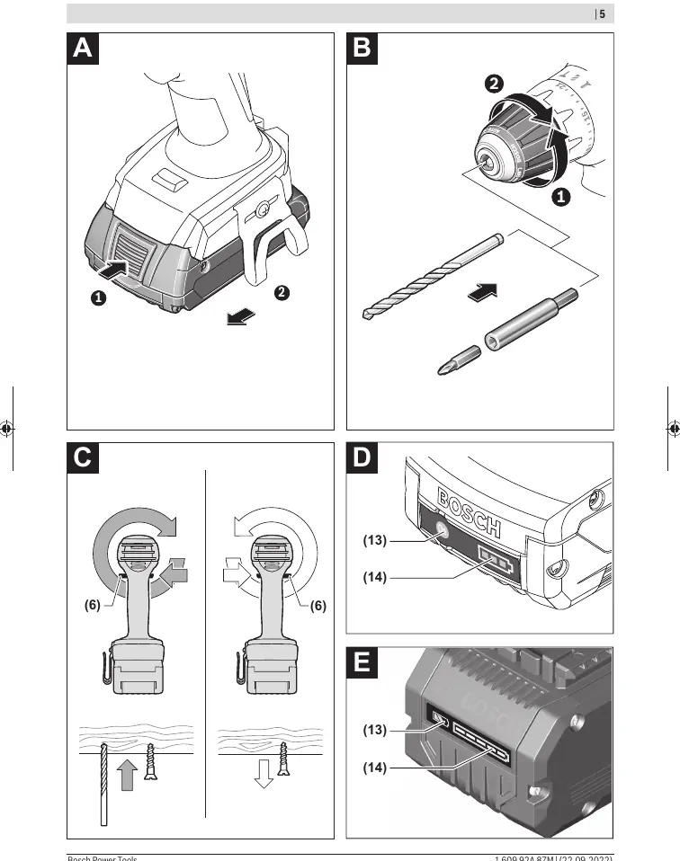 Operational procedures including battery removal, tool change, and rotation direction