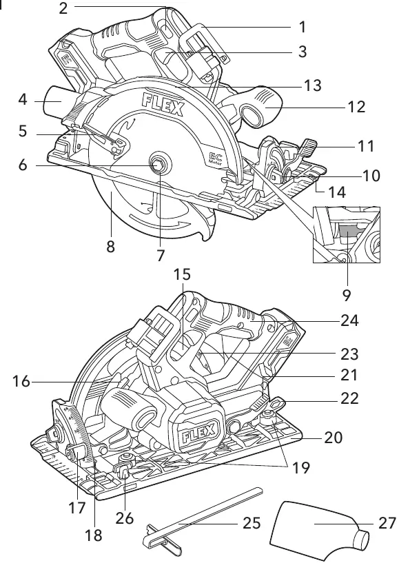 Overview of the FLEX CS 68 18-EC circular saw components.