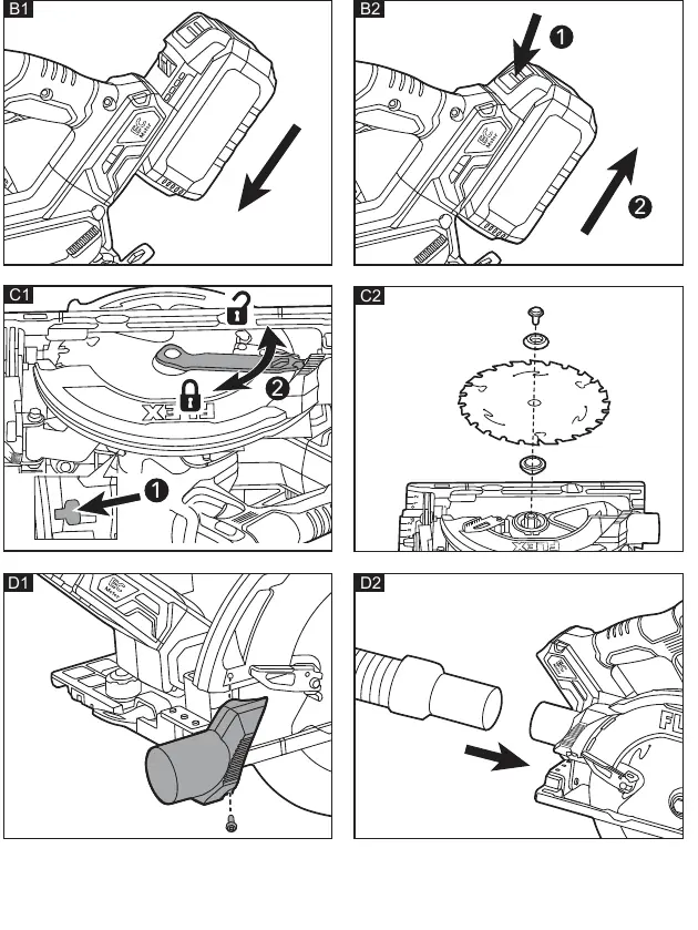 Basic operation steps: battery installation, blade change, and dust extraction.
