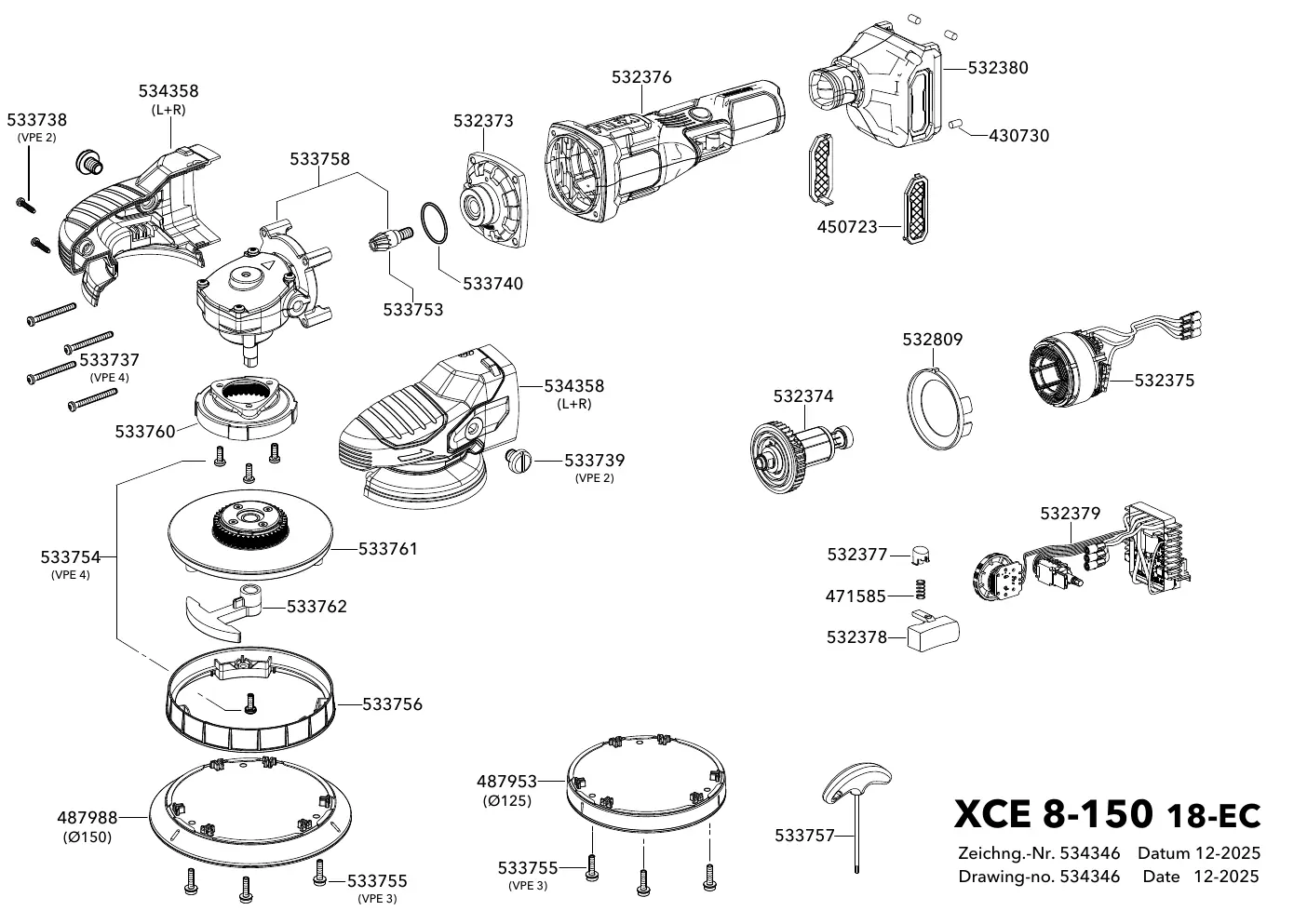 Exploded view of the FLEX XCE 8-150 18-EC