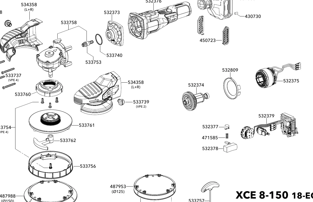 Exploded view diagram of the FLEX XCE 8-150 18-EC
