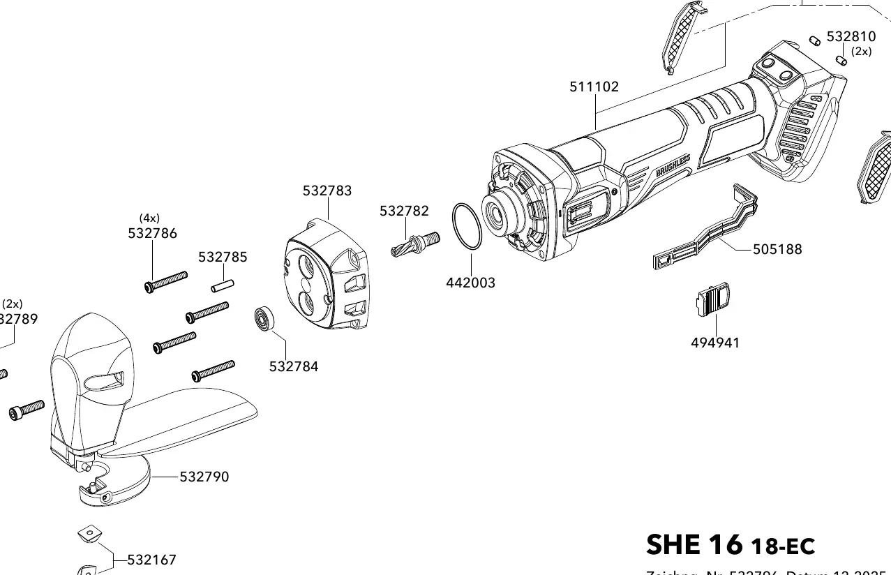 Exploded view of the FLEX SHE 16 18-EC angle grinder