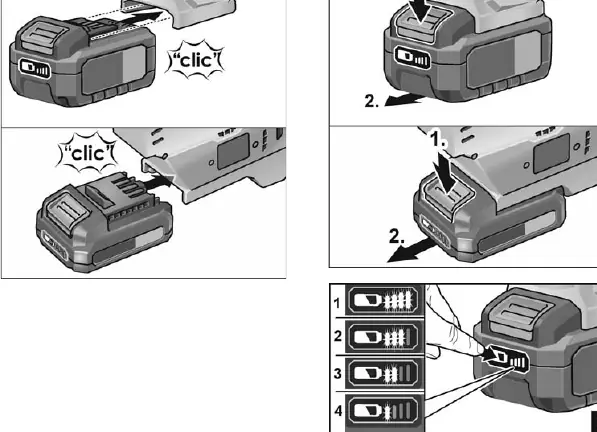 Battery insertion and removal (Fig. B, C, D)
