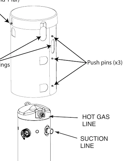 Installation diagram showing the sound enclosure, line openings, and push pin placement.