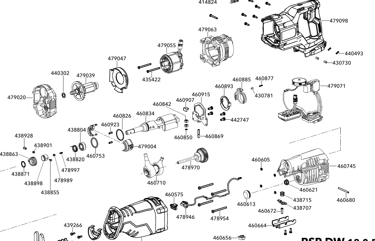 Exploded view diagram of the FLEX RSP DW 18.0-EC reciprocating saw