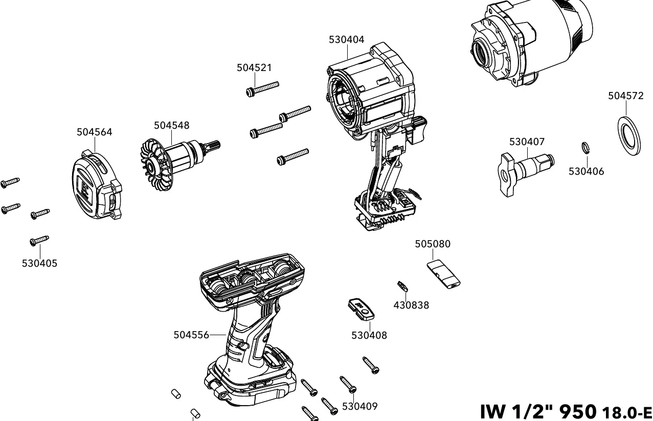 Exploded view diagram of the FLEX IW 1/2" 950 18.0-EC impact wrench.