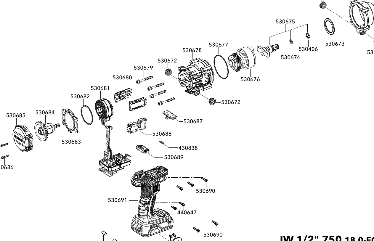Exploded view of the FLEX IW 1/2" 750 18.0-EC components.