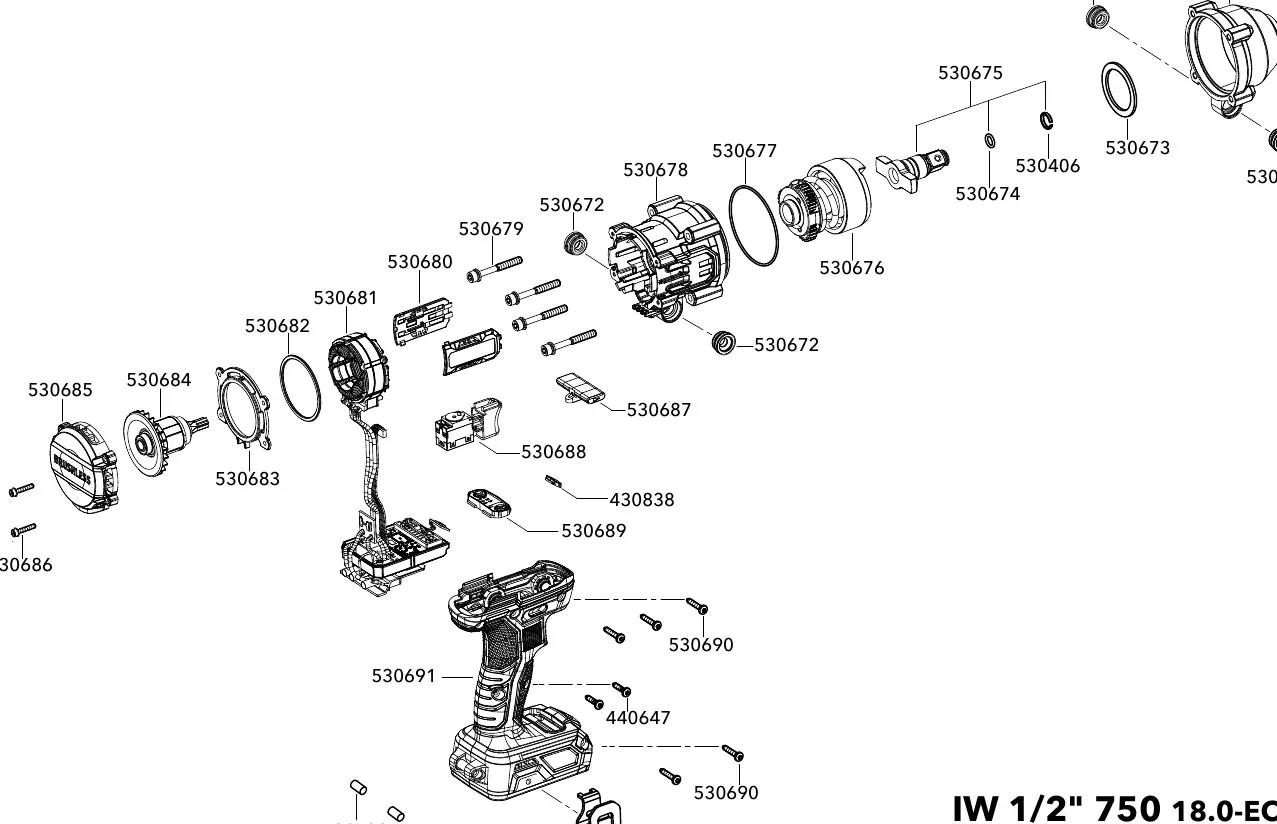 Exploded view of the FLEX IW 1/2" 750 18.0-EC impact wrench