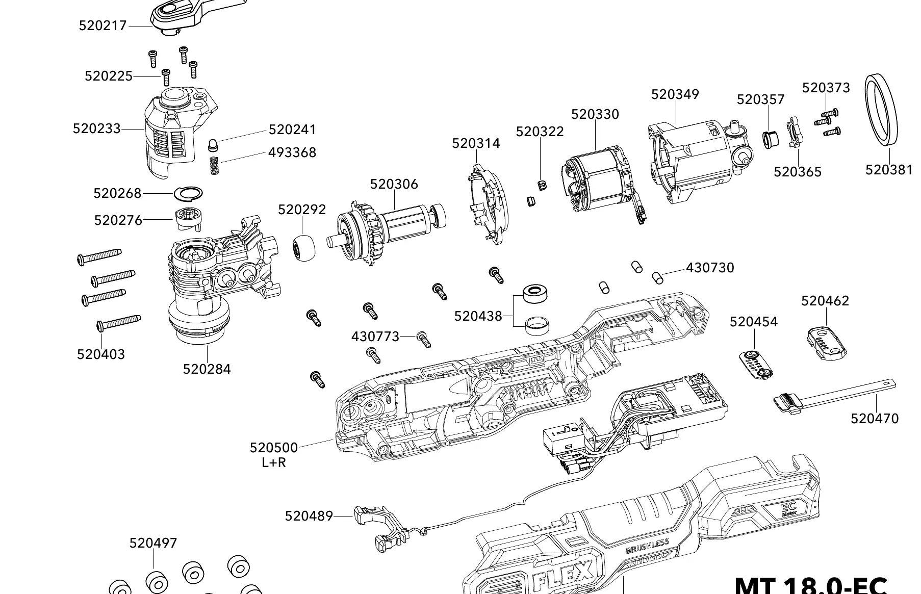 Exploded view diagram of the FLEX MT 18.0-EC multitool