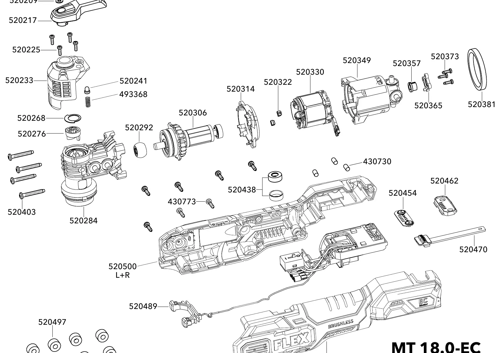 Exploded view of the FLEX MT 18.0-EC components