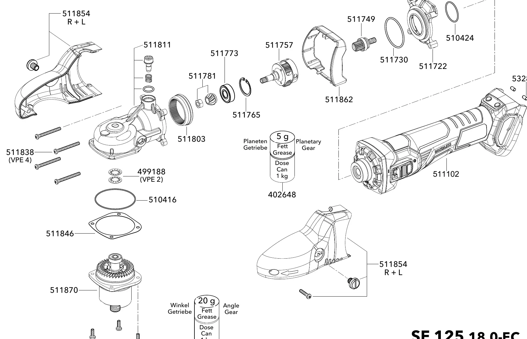 Exploded view of the FLEX SE 125 18.0-EC components