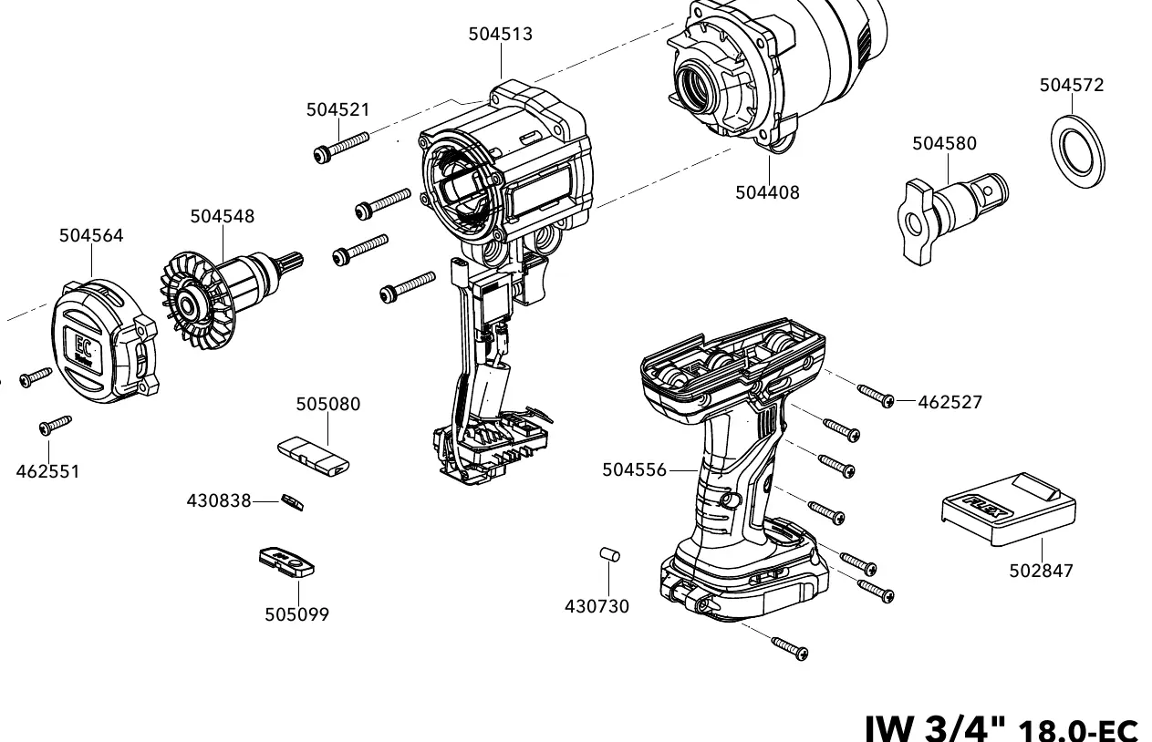 Exploded view of the FLEX IW 3/4" 18.0-EC components