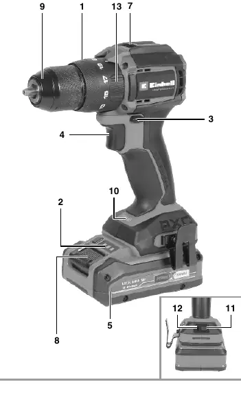 Overview of the cordless hammer drill/screwdriver and its components.