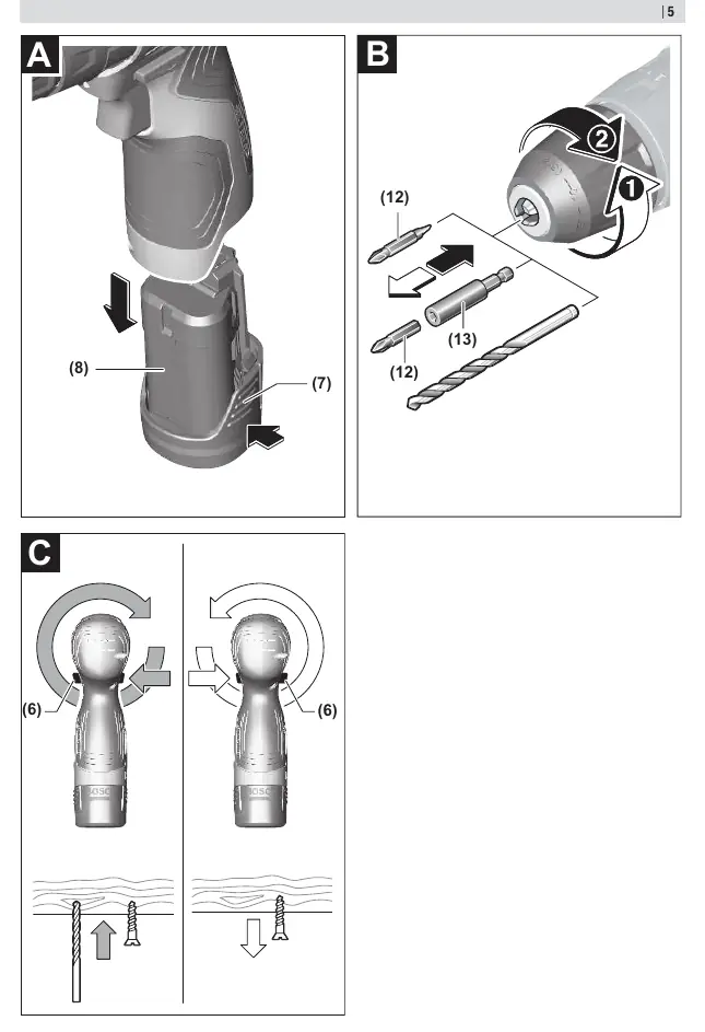 Procedures for battery removal, tool changing, and rotational direction