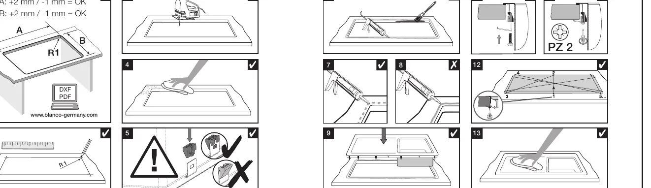 Step-by-step installation procedure using mounting clips and silicone.