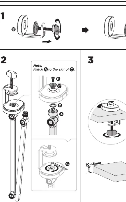 Assembly steps 1, 2, and 3 for mounting the boom arm.