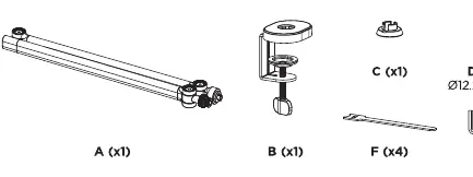 Parts list including arm, clamp, mount, and hardware.