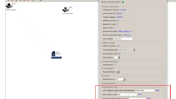 RDM Manager interface showing the Manufacturer PIDs section for calibration values.