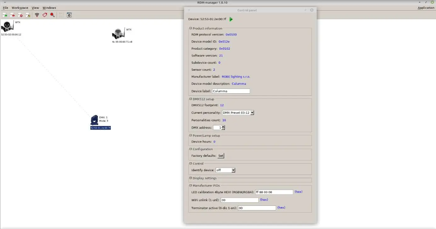 RDM Manager interface showing the Manufacturer PIDs section where calibration values are entered.