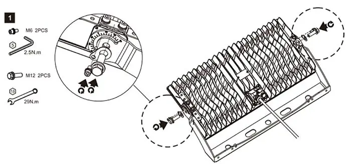 Mounting and torque settings for the flood light.