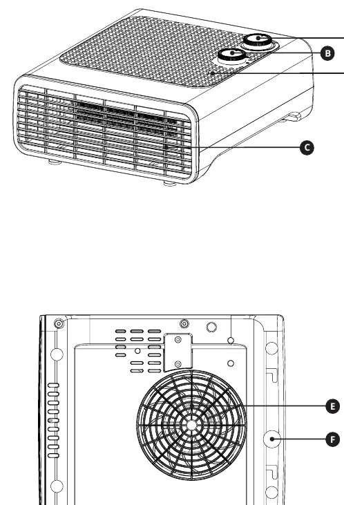Diagram of the Ufesa CF Alpha fan heater showing controls and components.