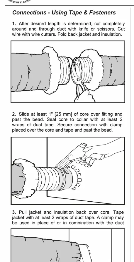 Step-by-step connection and splicing process using tape and fasteners.