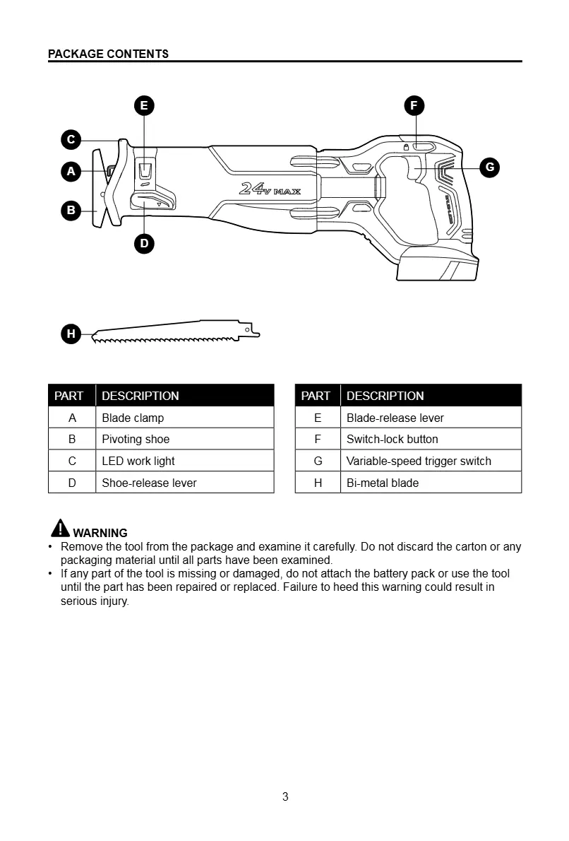 Diagram of the reciprocating saw components