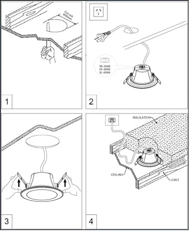 Installation steps for the LED downlight.