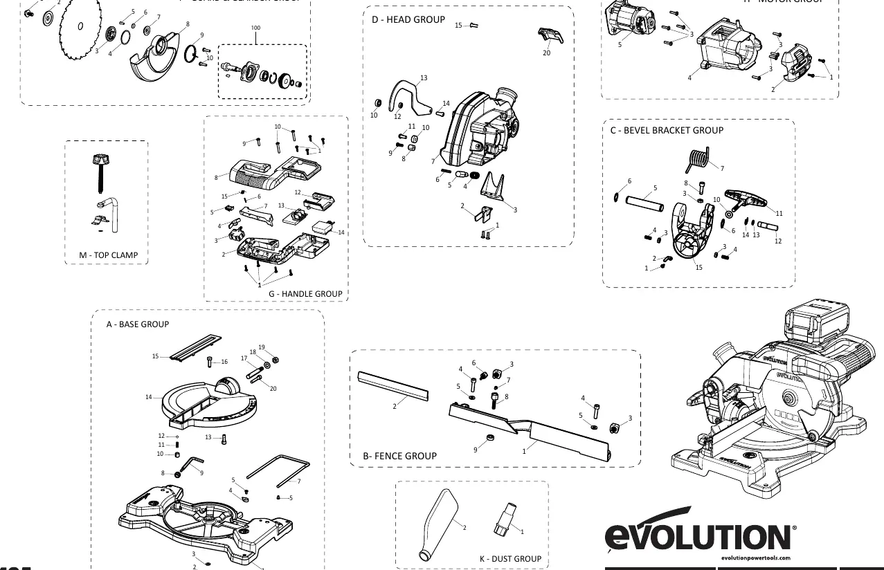 Exploded view diagram of the Evolution R185CMS-Li showing all assembly groups.