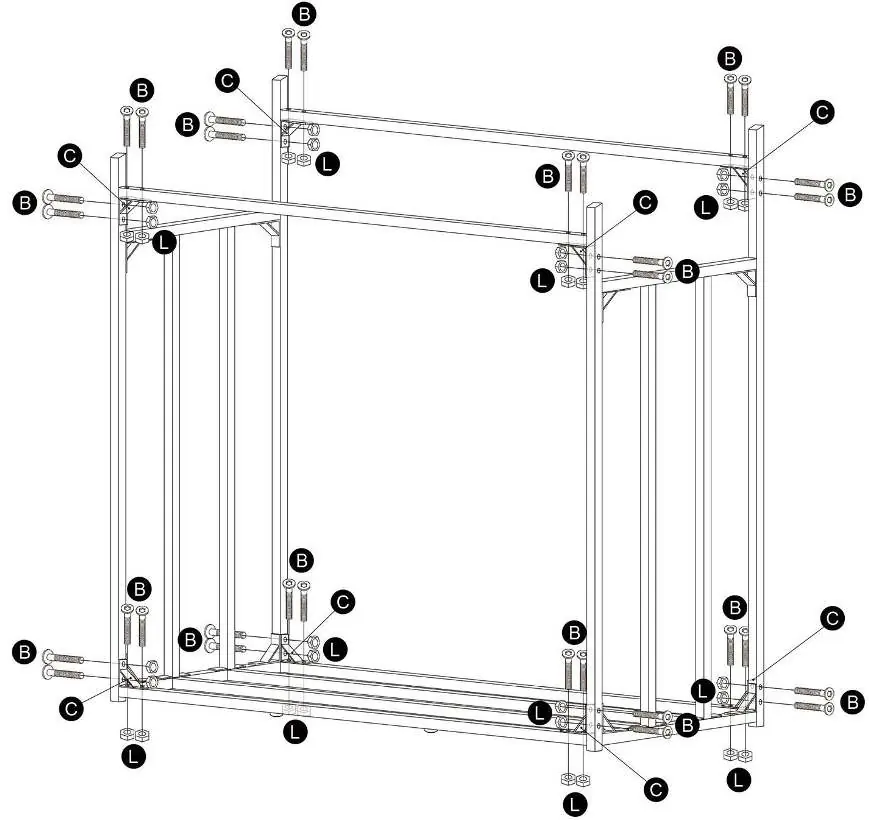Assemble the main frame structure using bolts and nuts.