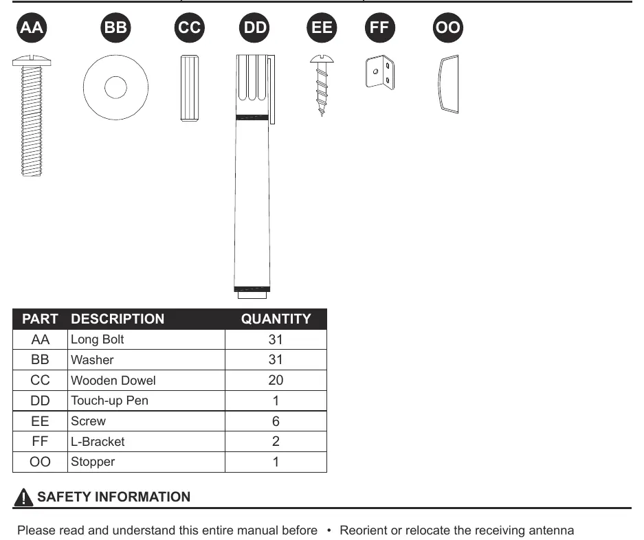 Hardware inventory list including long bolts, washers, wooden dowels, a touch-up pen, screws, L-brackets, and a stopper.