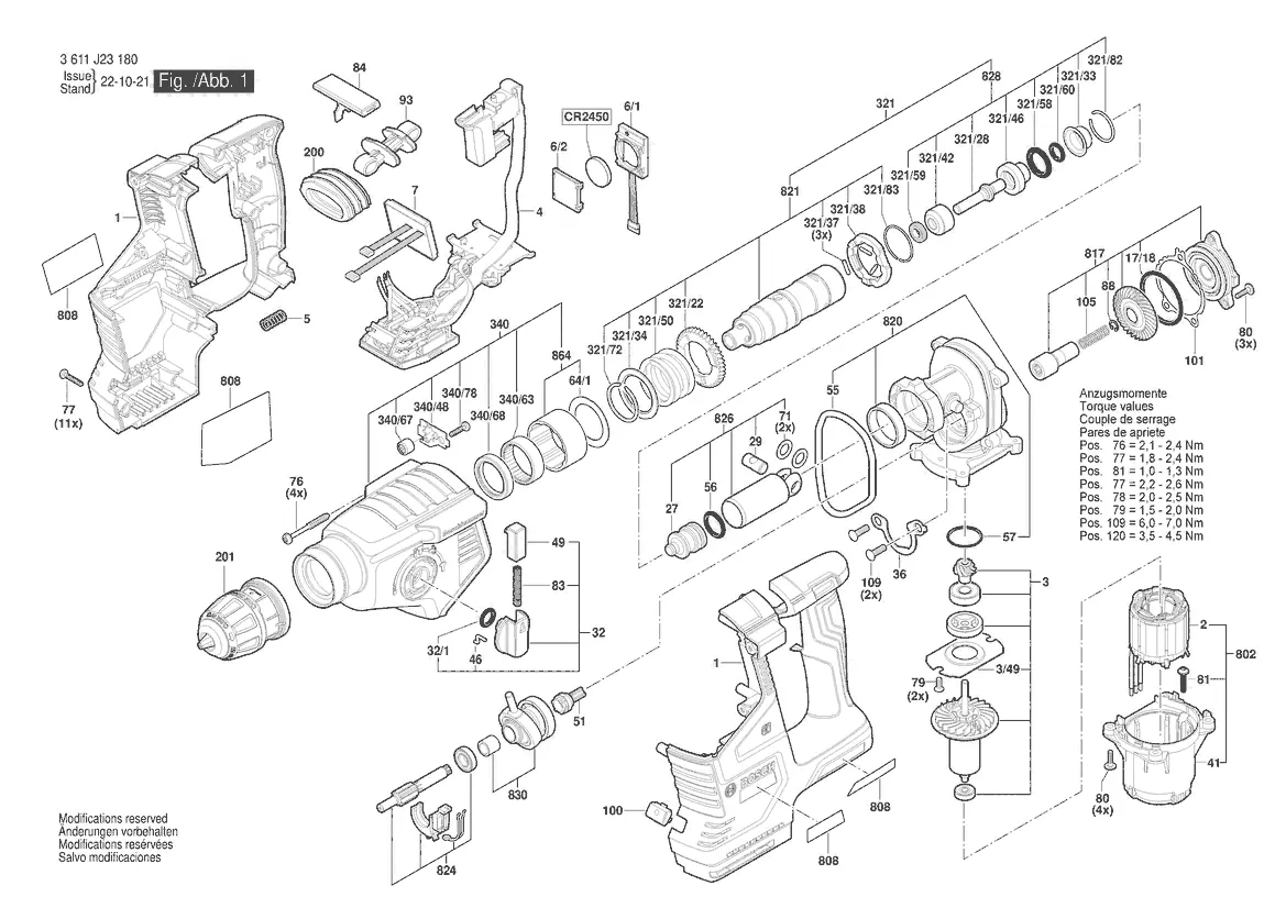 Exploded view of the GBH 187-LI internal components and torque specifications.
