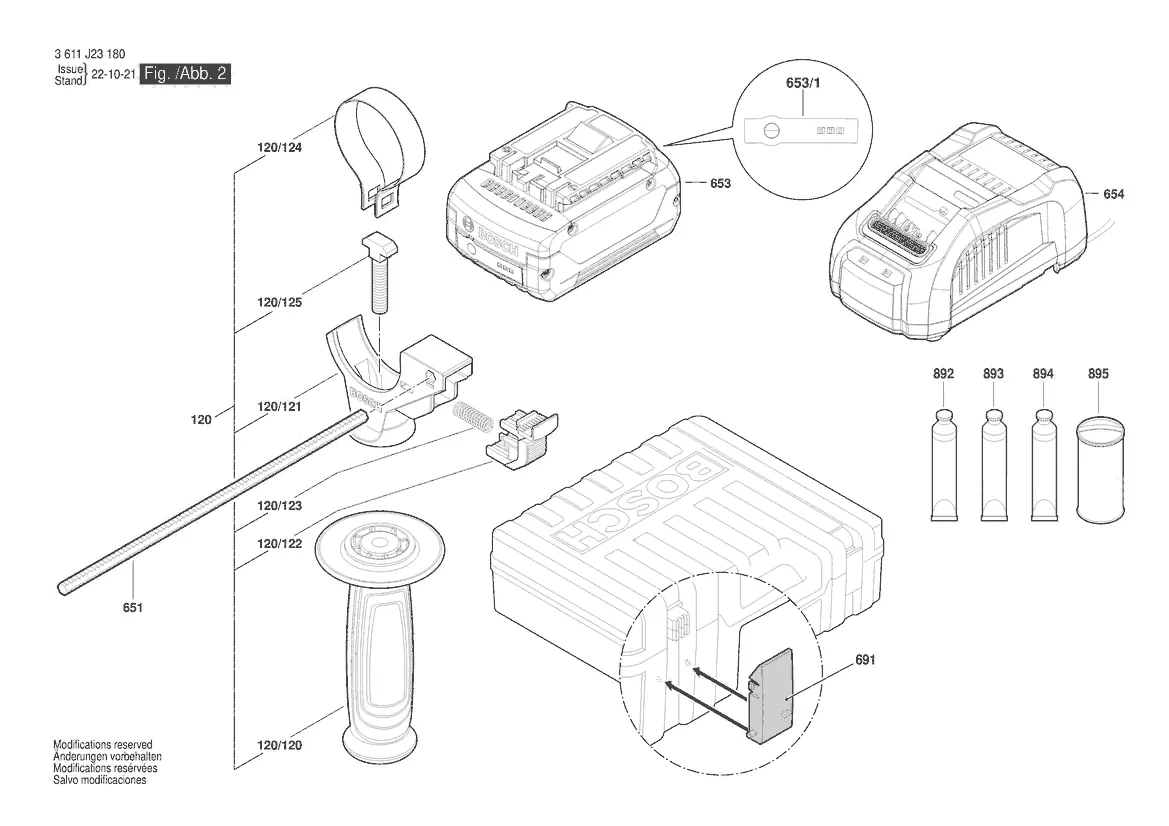 Diagram of accessories including battery, charger, and handle assembly.
