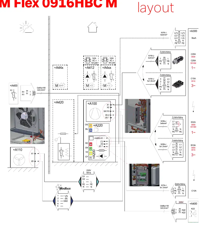 Electrical layout diagram for M Flex heat pump models.