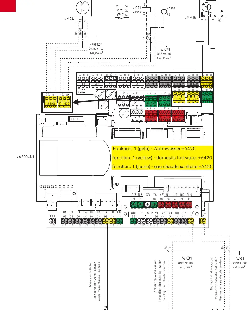 Wiring diagram for domestic hot water function (+A420).