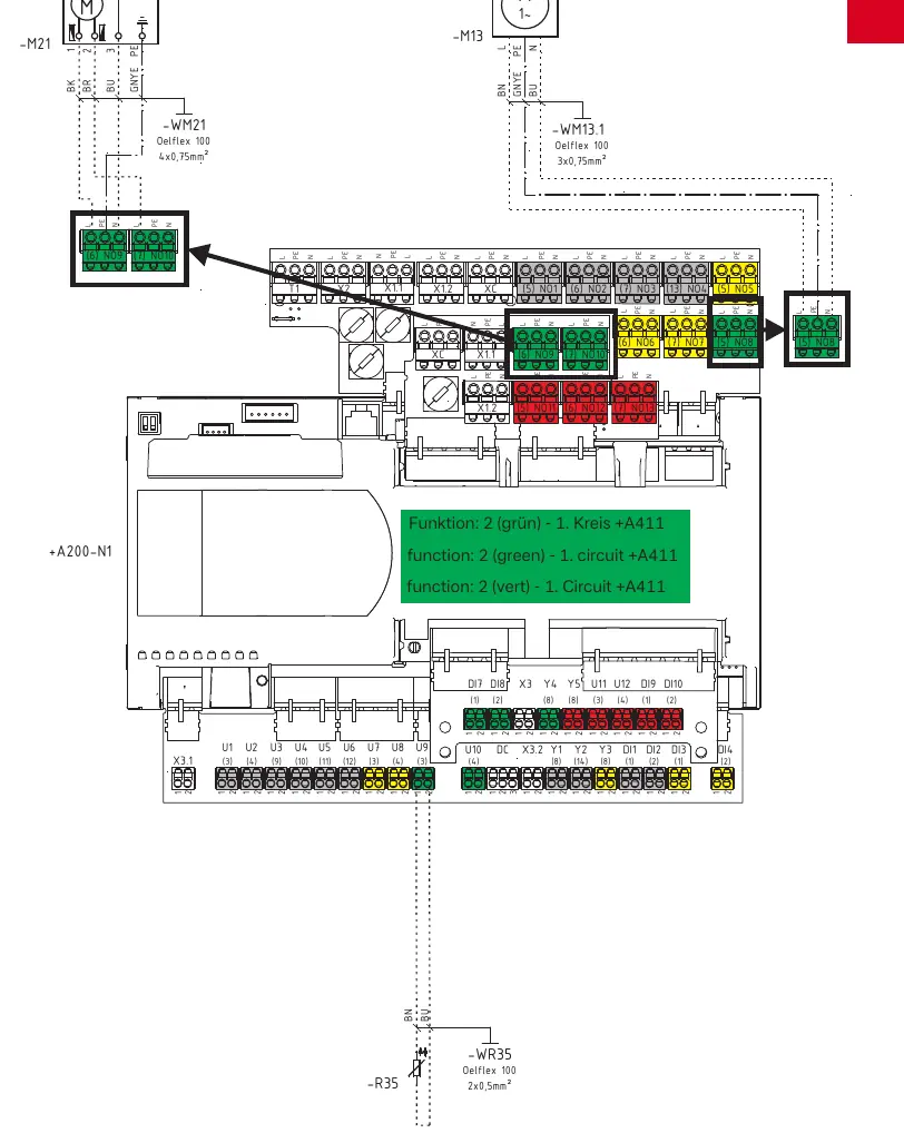Wiring diagram for the 1st heating circuit (+A411).