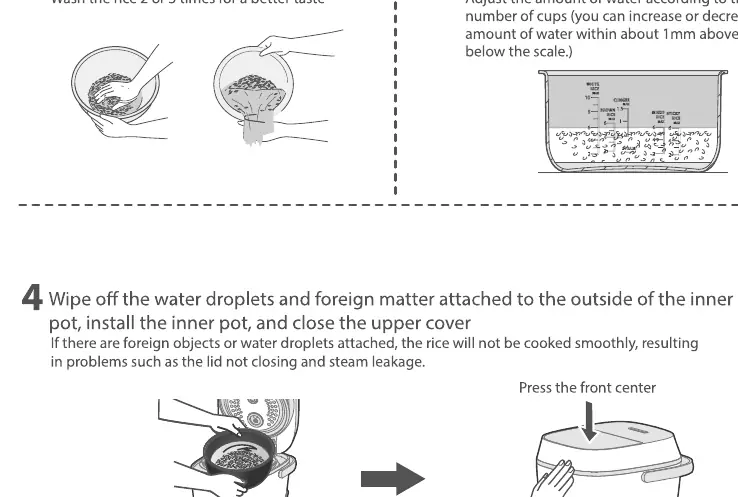 Cooking steps: washing rice and setting water level