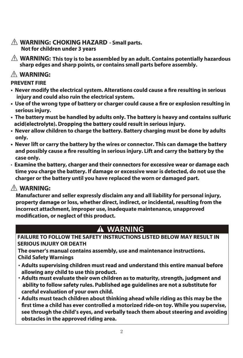 Read warnings regarding battery handling and adult supervision.