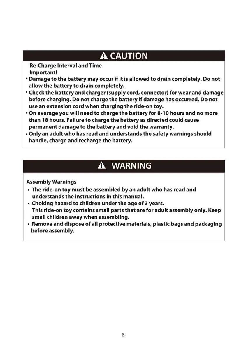 Check battery charging intervals and assembly safety warnings.