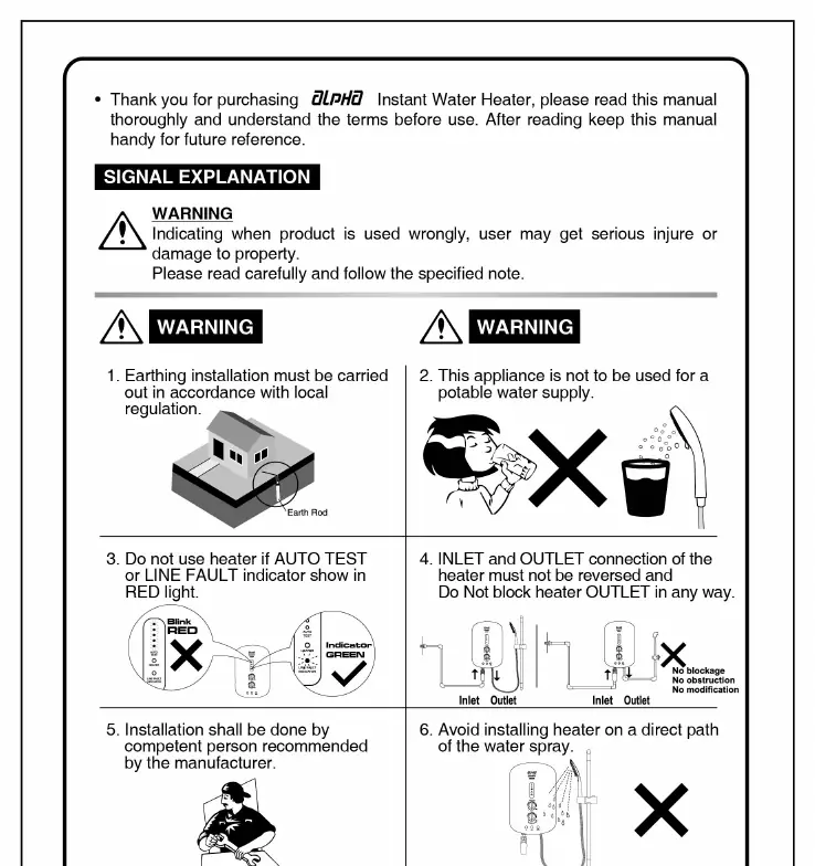 Safety warnings and installation requirements for the Alpha 18i water heater