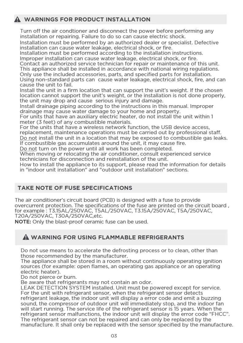 Review installation and refrigerant warnings