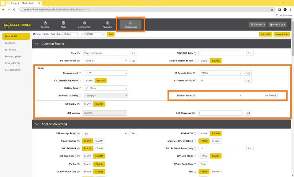 Maintenance tab settings including Lithium Brand configuration.