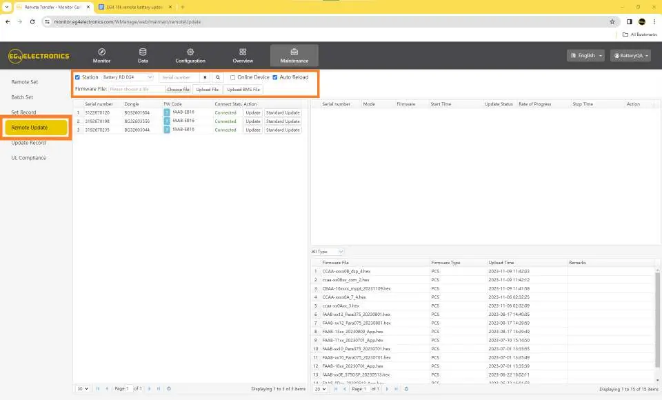 Maintenance tab settings