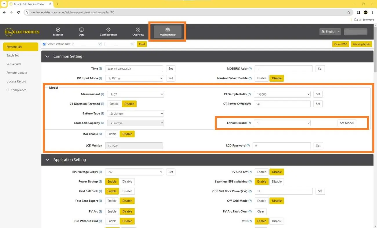 Maintenance tab settings